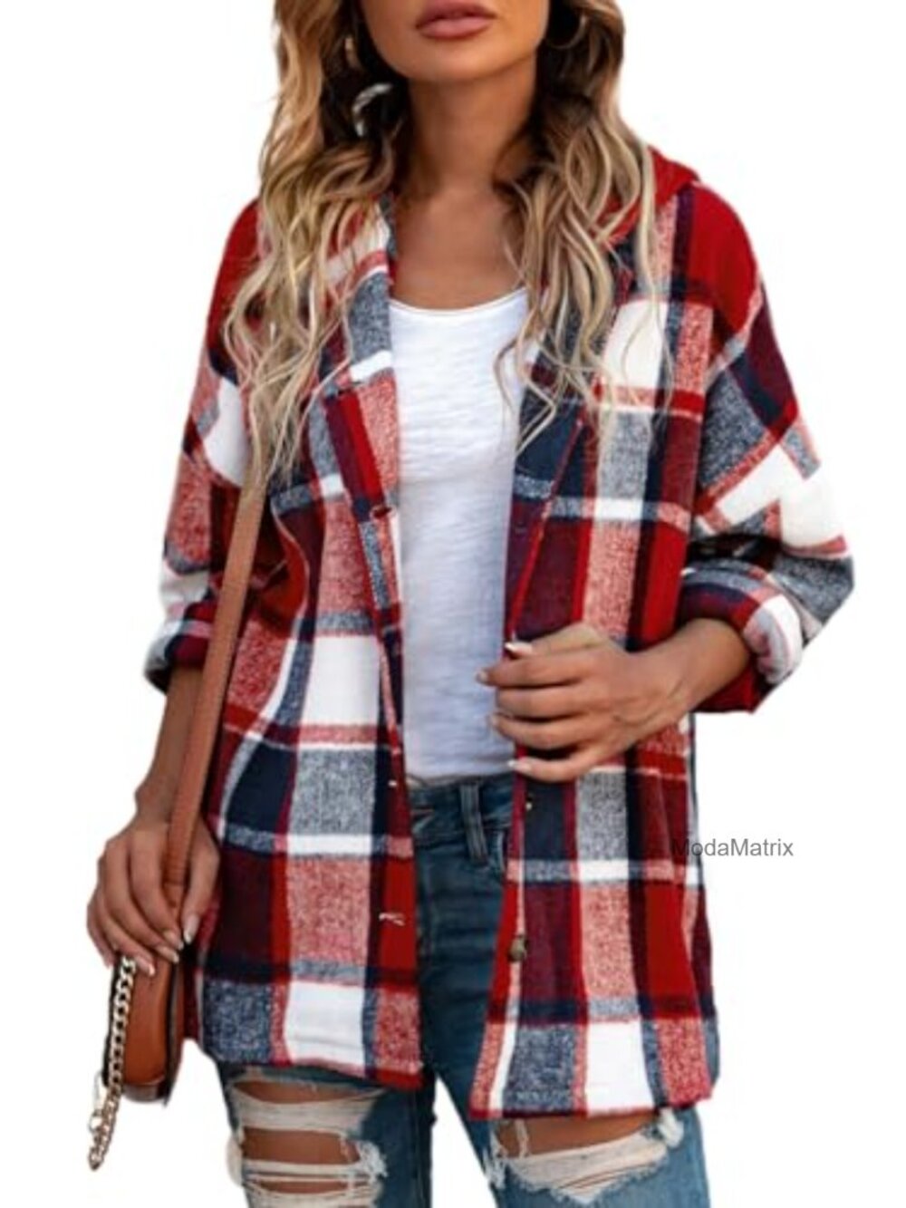 SHEWIN Women Hooded Flannel Shacket Plaid Button Down Jacket Loose Fit